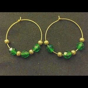 handmade green & gold beaded hoops